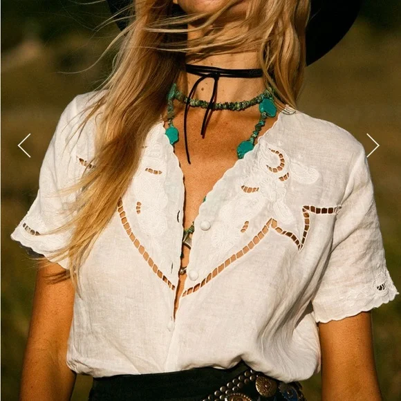 Chasing Unicorns✨ Not Alone Anymore Linen Cutwork Blouse sz M - Picture 6 of 17